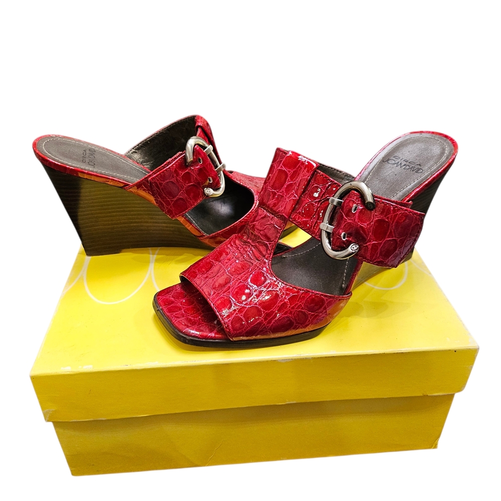Joan & David Orchid Dark Red Croc Pattern Square Toe Wedge Sandals Size 6.5 - Picture 4 of 11